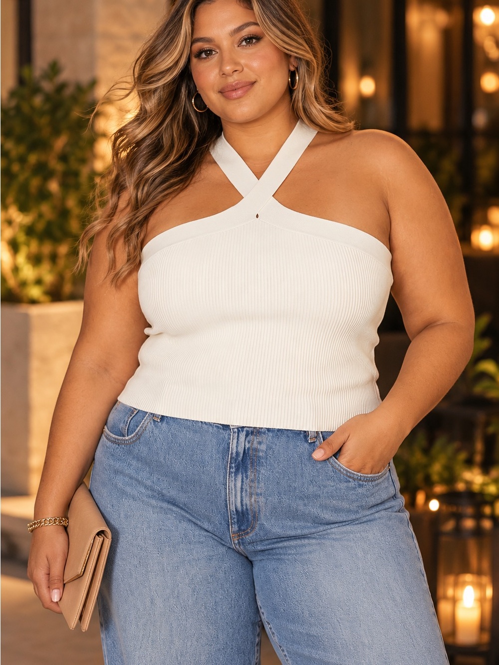 THE DROP Ribbed Cross-neck Tank Top Knit Halter White 3X Stretch Date Night